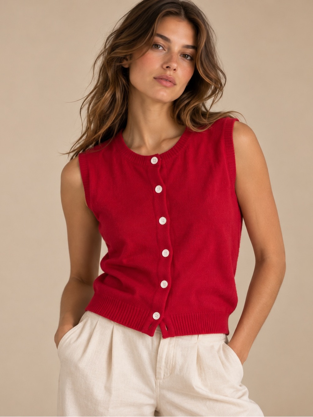Wishlist Red Button Front Sleeveless Knit Cardigan Vest Size L